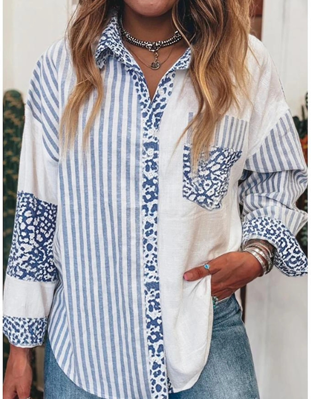 Sky Blue Leopard Striped Western Casual Shirt