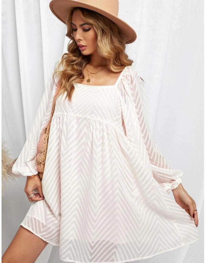 Classic Square Neck Puff Sleeve Babydoll Style Short Dress