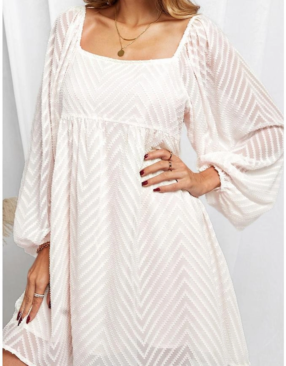 Classic Square Neck Puff Sleeve Babydoll Style Short Dress, 10 of 9