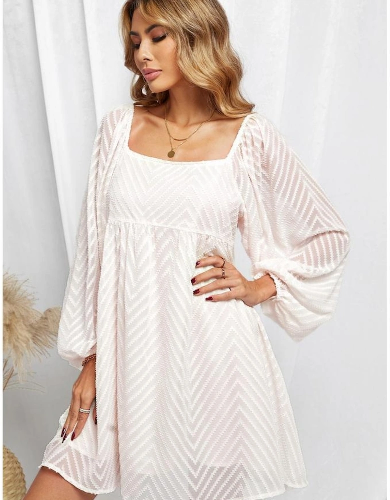 Classic Square Neck Puff Sleeve Babydoll Style Short Dress