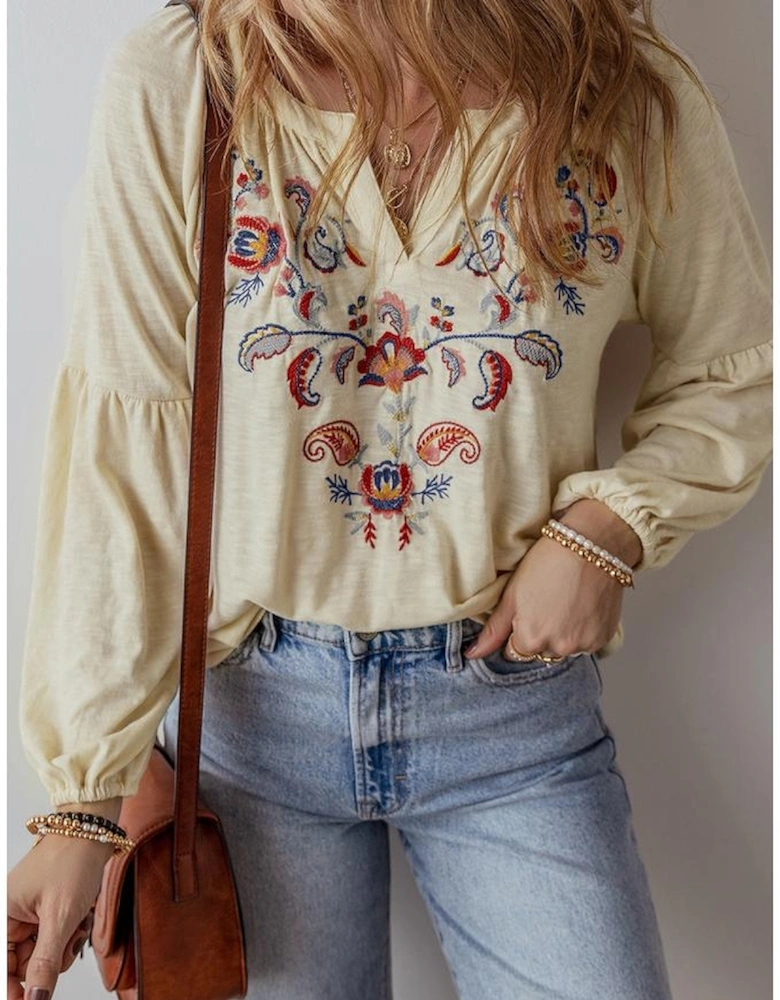 Apricot Paisley Floral Embroidered Notch V Neck Blouse