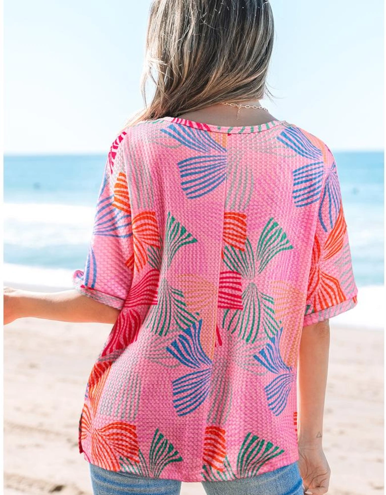 Pink Bowknot Printed Waffle Crewneck Loose Short Sleeve Top