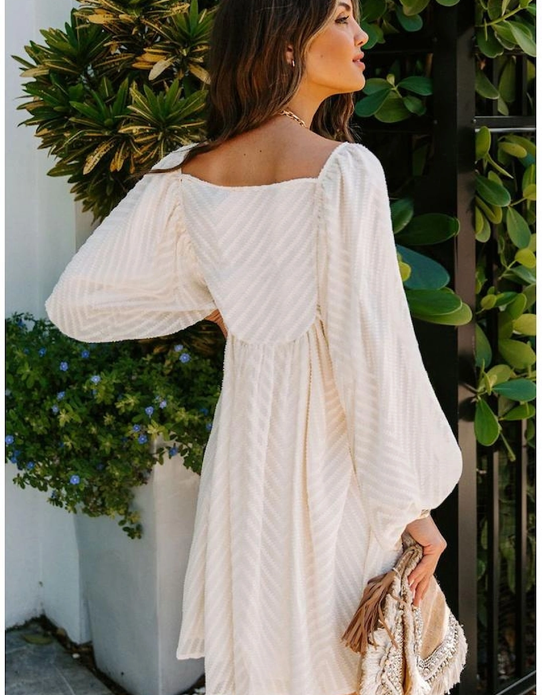 Classic Square Neck Puff Sleeve Babydoll Style Short Dress