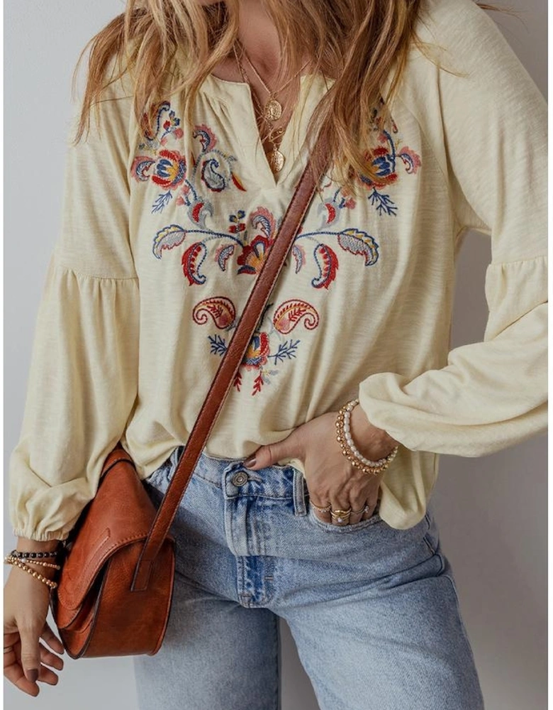 Apricot Paisley Floral Embroidered Notch V Neck Blouse
