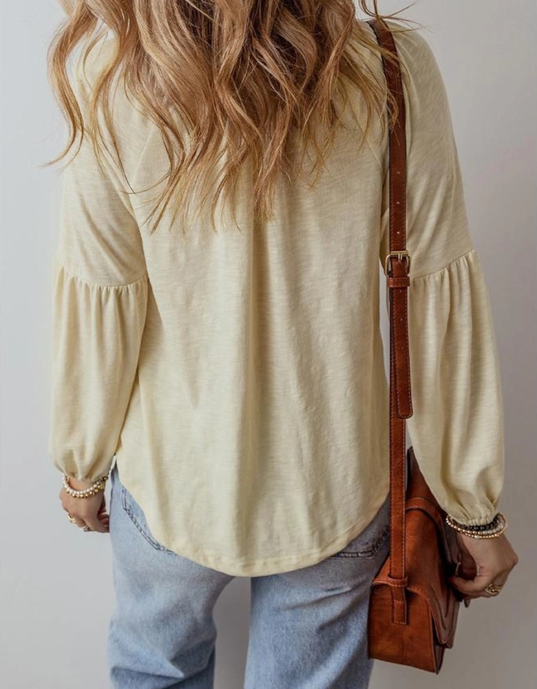 Apricot Paisley Floral Embroidered Notch V Neck Blouse