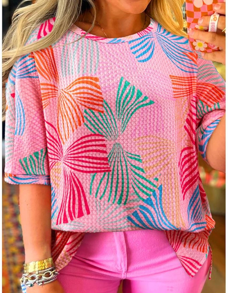 Pink Bowknot Printed Waffle Crewneck Loose Short Sleeve Top