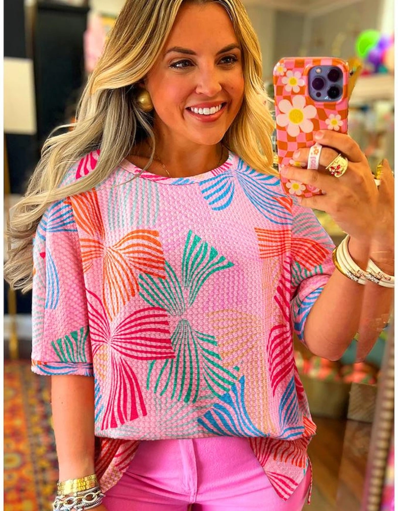 Pink Bowknot Printed Waffle Crewneck Loose Short Sleeve Top