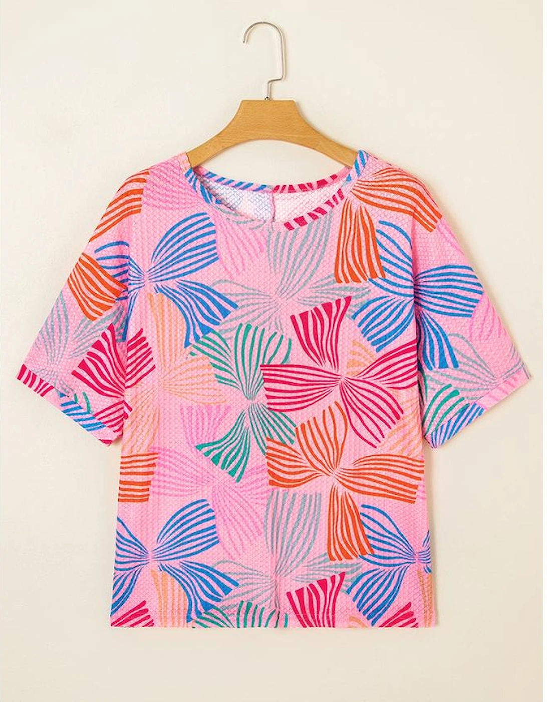 Pink Bowknot Printed Waffle Crewneck Loose Short Sleeve Top