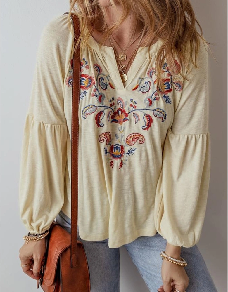 Apricot Paisley Floral Embroidered Notch V Neck Blouse