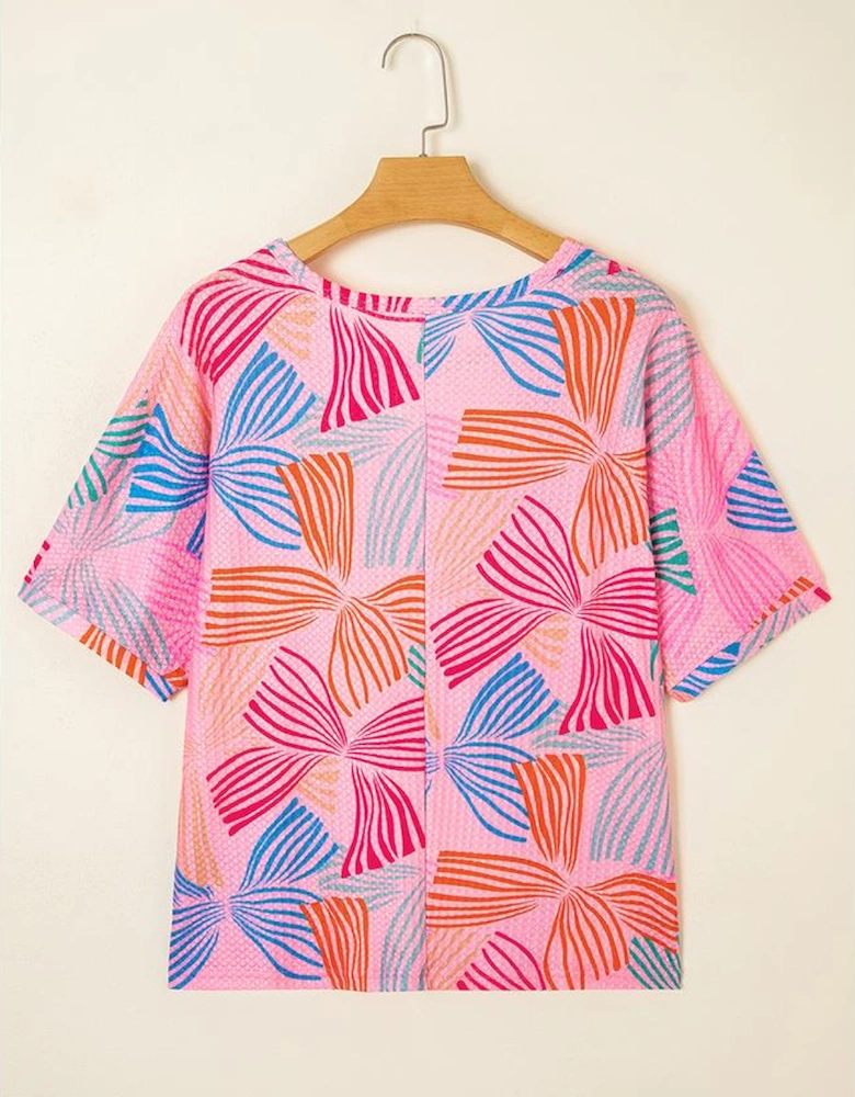 Pink Bowknot Printed Waffle Crewneck Loose Short Sleeve Top