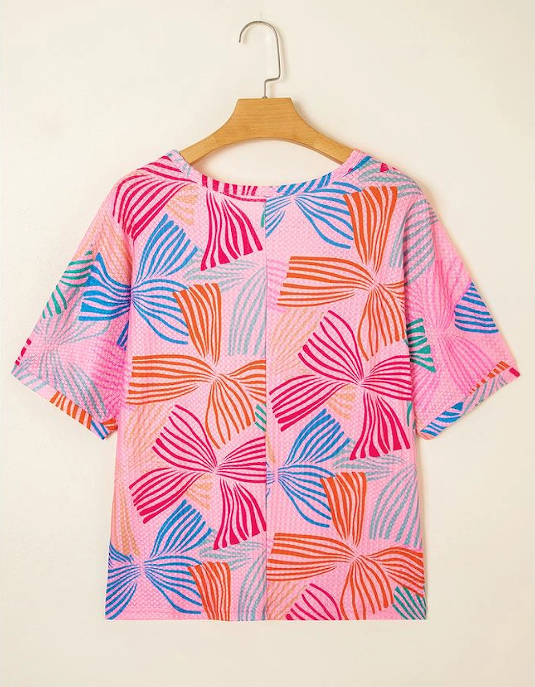 Pink Bowknot Printed Waffle Crewneck Loose Short Sleeve Top