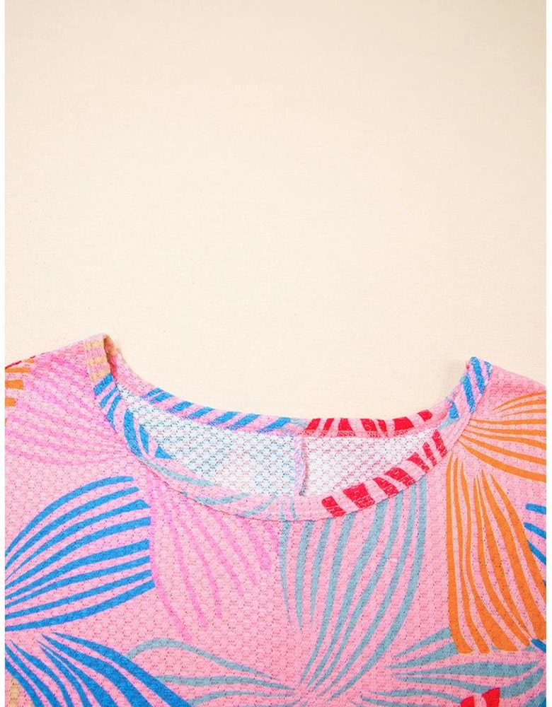 Pink Bowknot Printed Waffle Crewneck Loose Short Sleeve Top