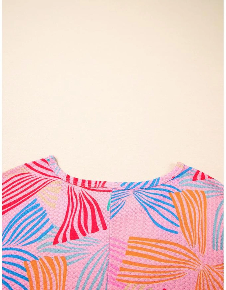 Pink Bowknot Printed Waffle Crewneck Loose Short Sleeve Top