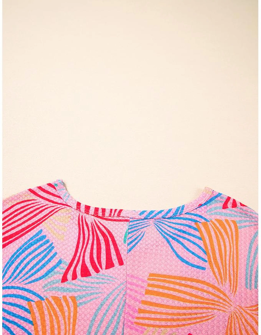Pink Bowknot Printed Waffle Crewneck Loose Short Sleeve Top
