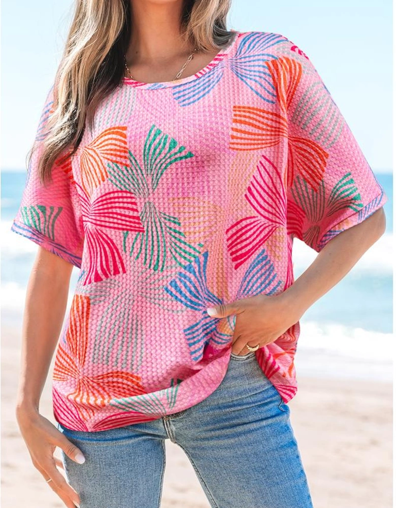 Pink Bowknot Printed Waffle Crewneck Loose Short Sleeve Top