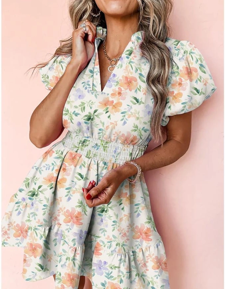 Beige Floral Print Shirred High Waist Puff Sleeve Mini Dress