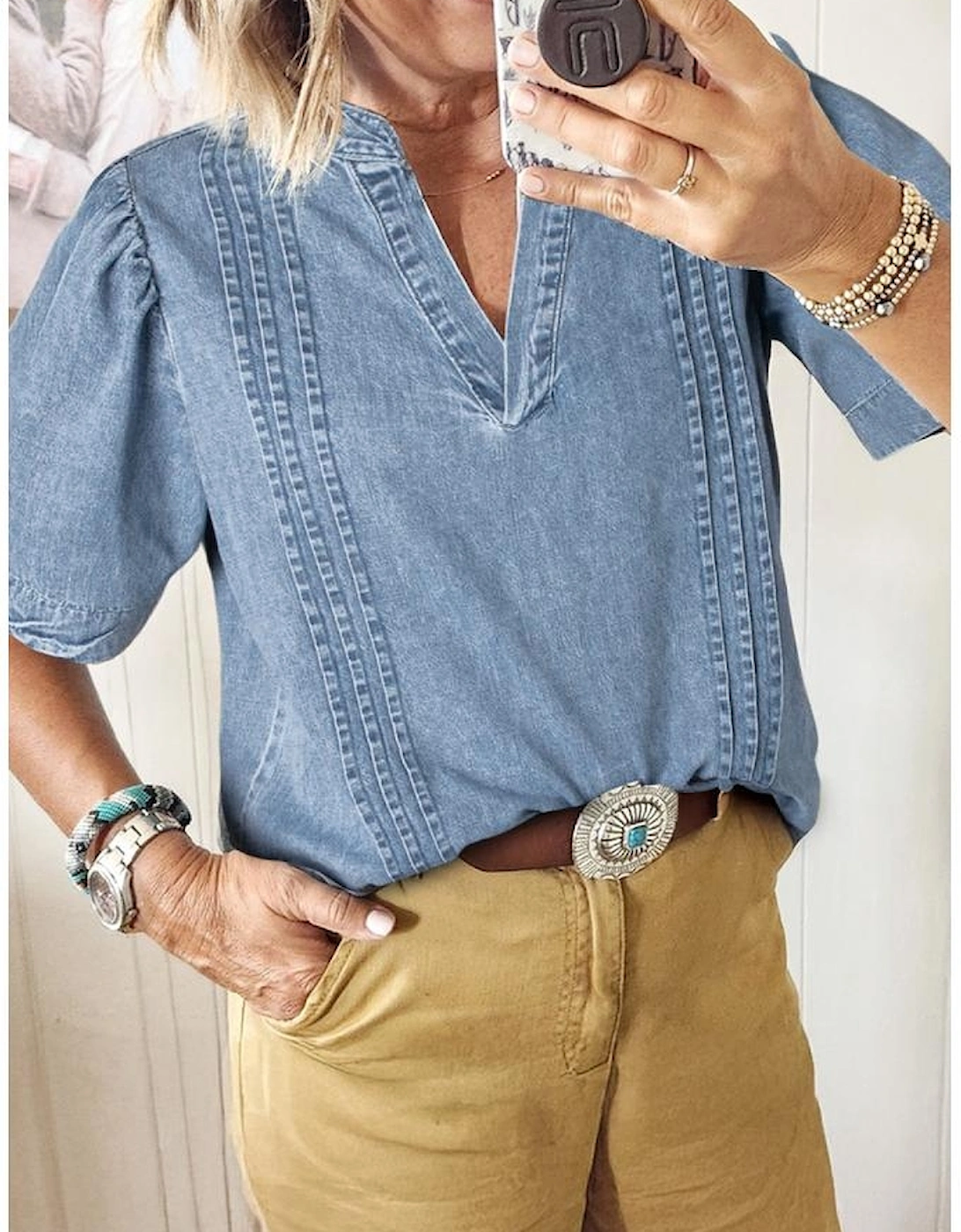 Myosotis Pintuck Pleats Puff Sleeve Split V Neck Summer Denim Top