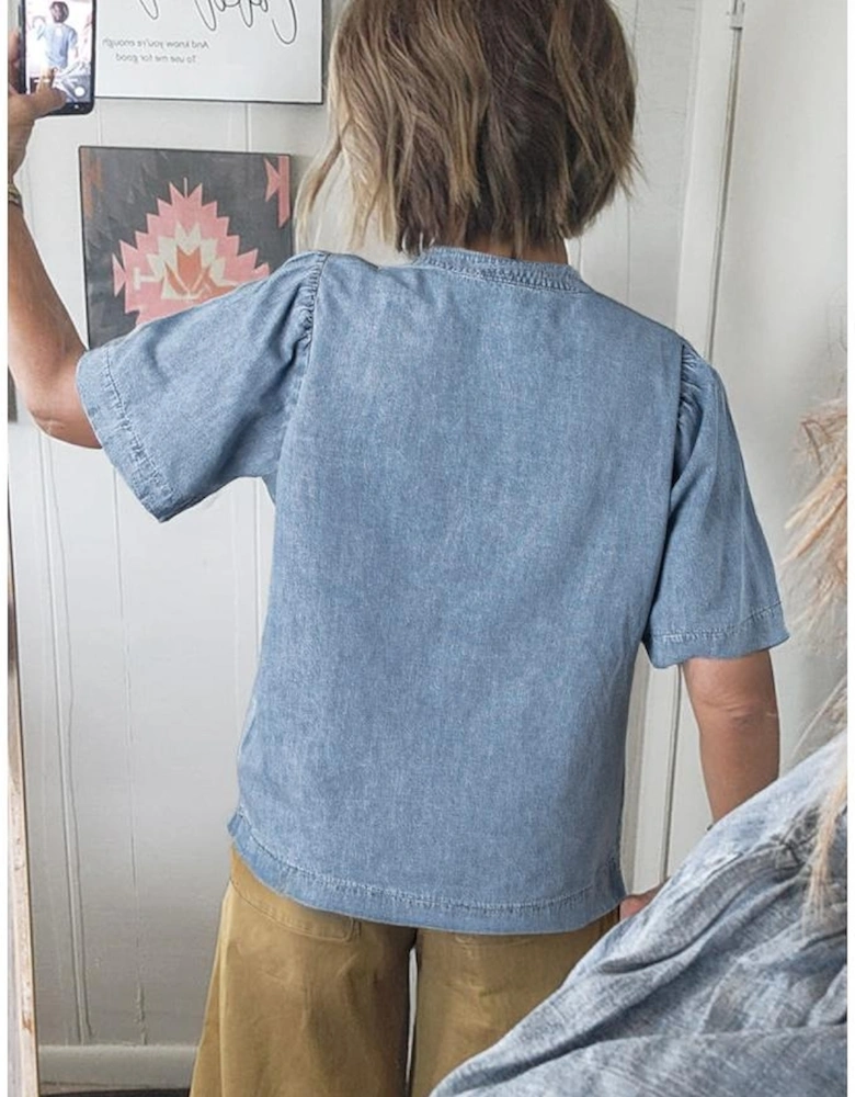 Myosotis Pintuck Pleats Puff Sleeve Split V Neck Summer Denim Top