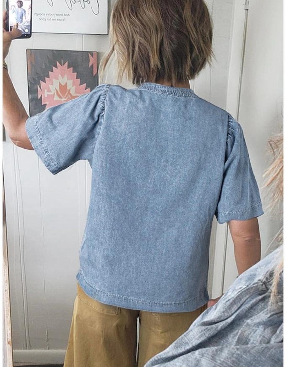 Myosotis Pintuck Pleats Puff Sleeve Split V Neck Summer Denim Top, 4 of 3