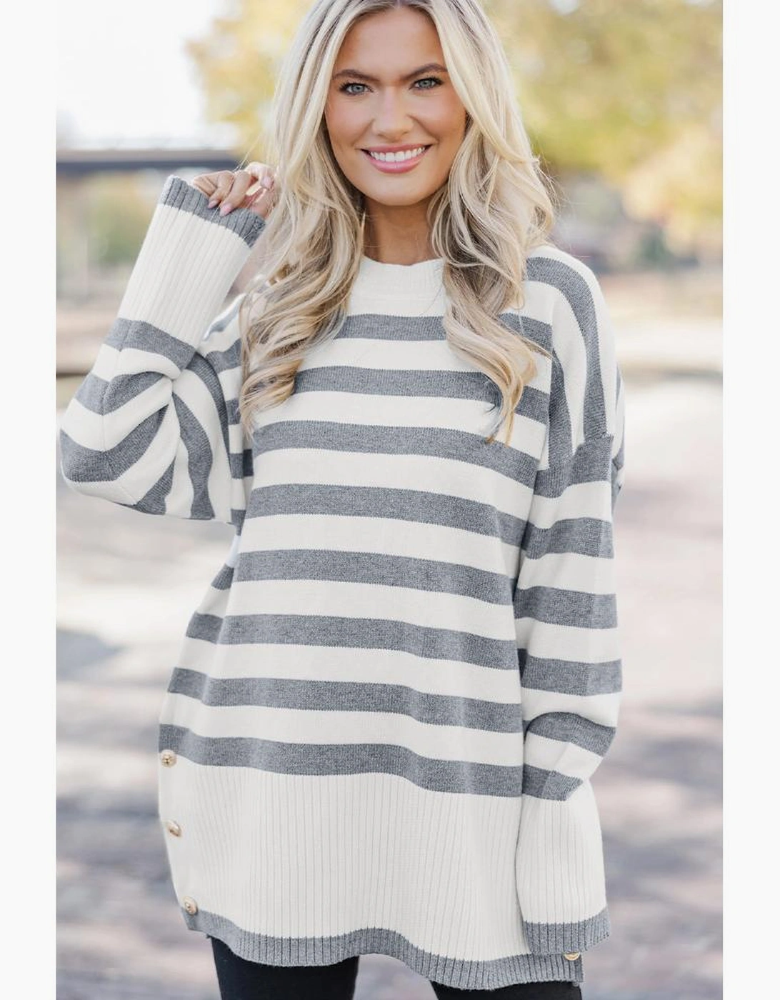 Gray Stripe Ribbed Buttoned Detail Drop Shoulder Tunic Sweater