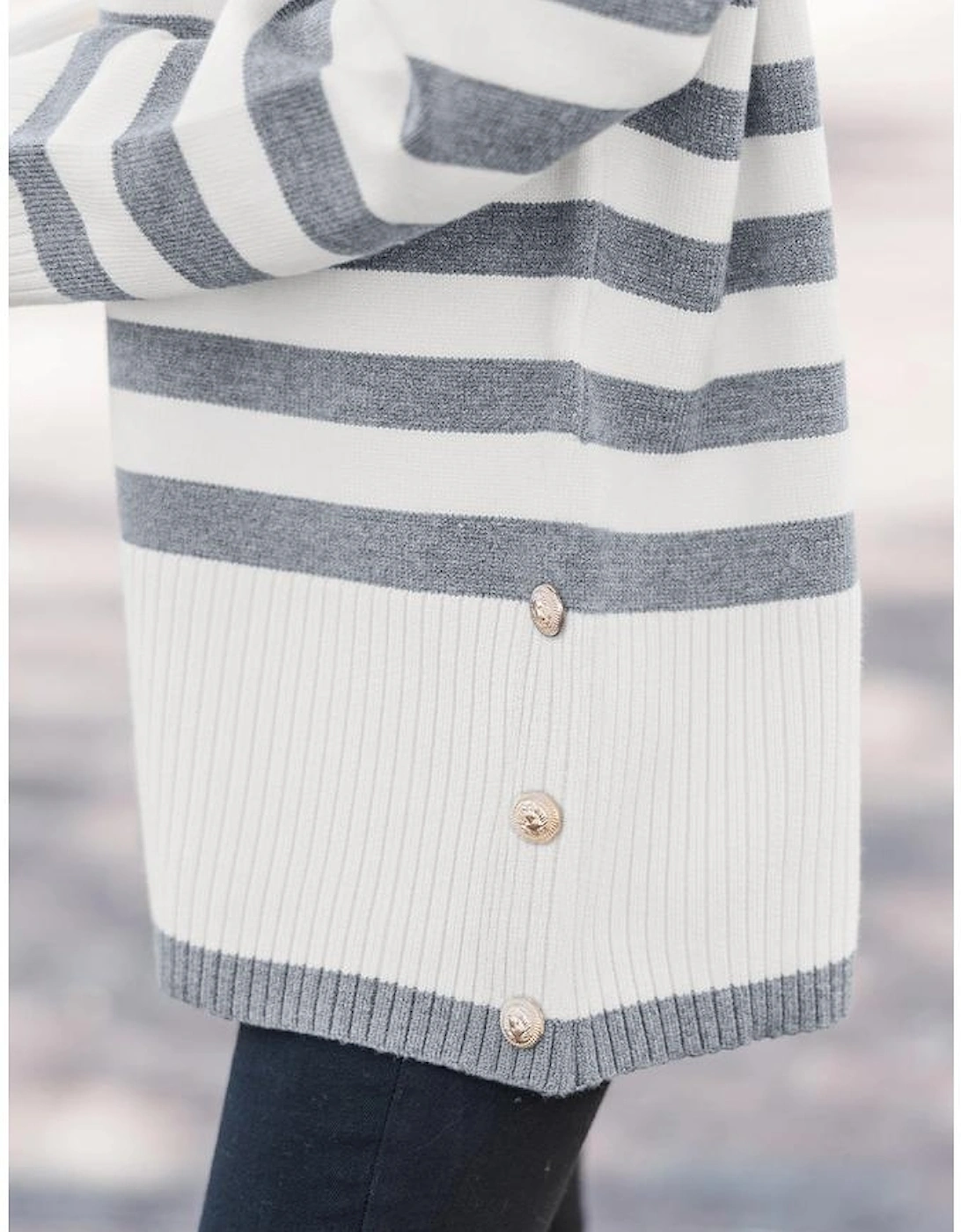 Gray Stripe Ribbed Buttoned Detail Drop Shoulder Tunic Sweater