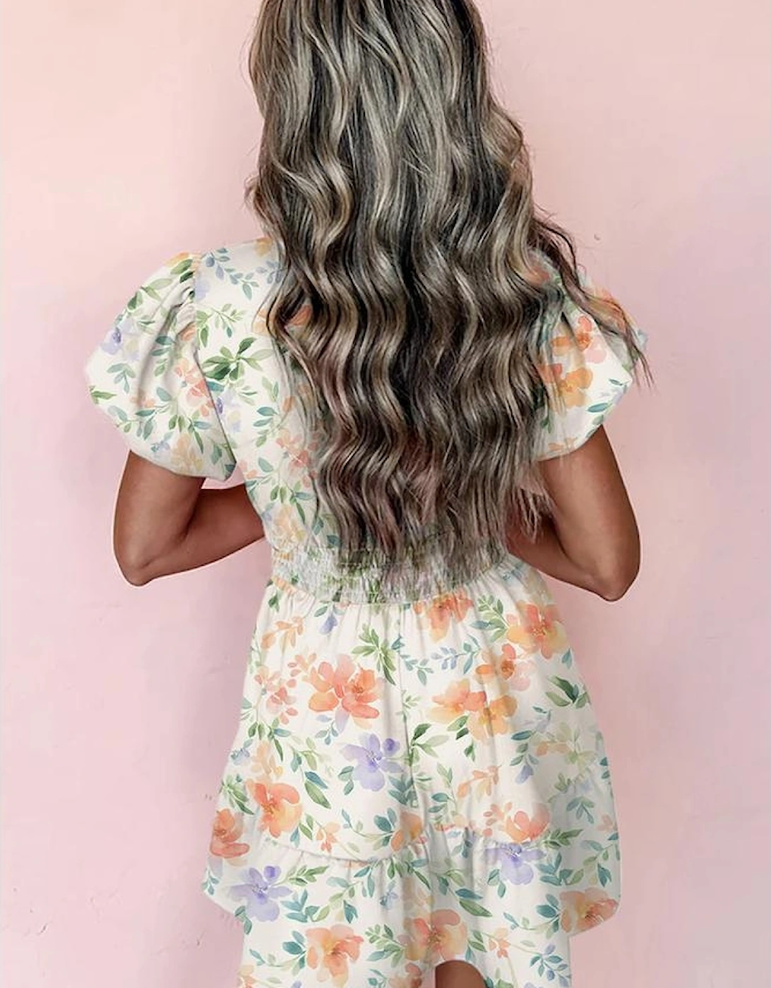 Beige Floral Print Shirred High Waist Puff Sleeve Mini Dress, 3 of 2