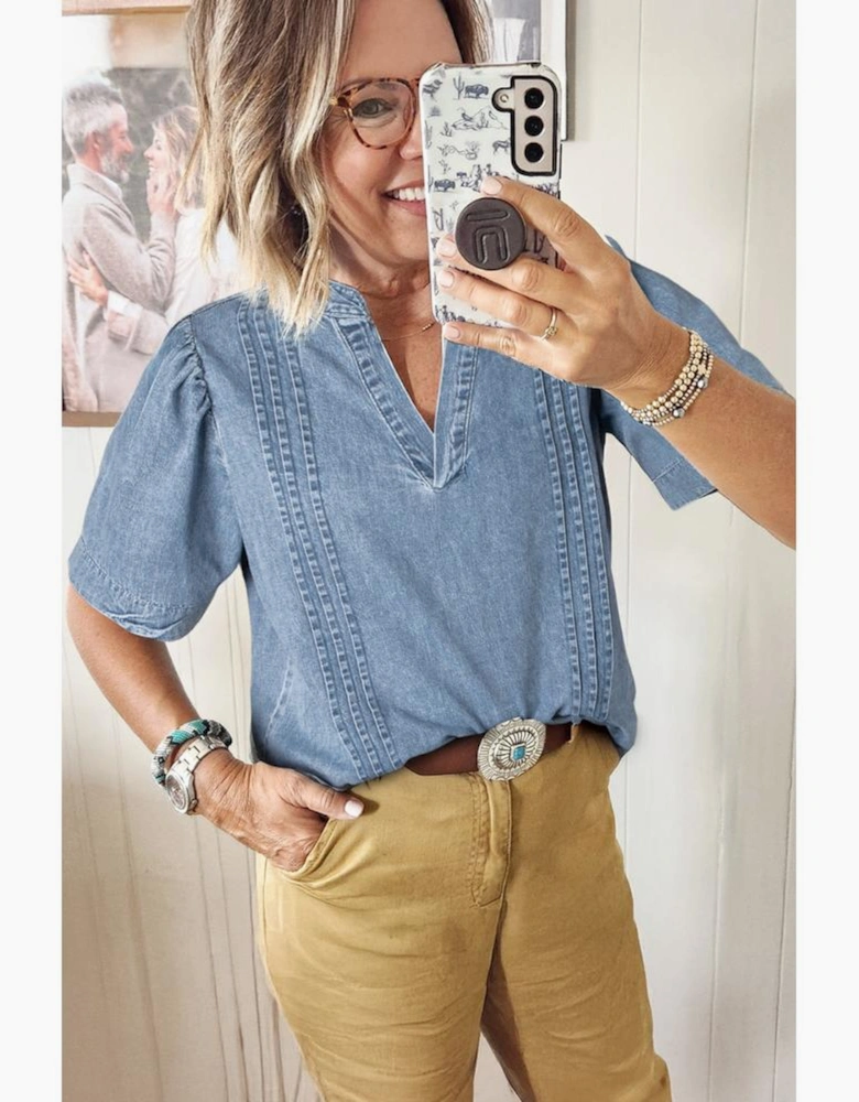 Myosotis Pintuck Pleats Puff Sleeve Split V Neck Summer Denim Top