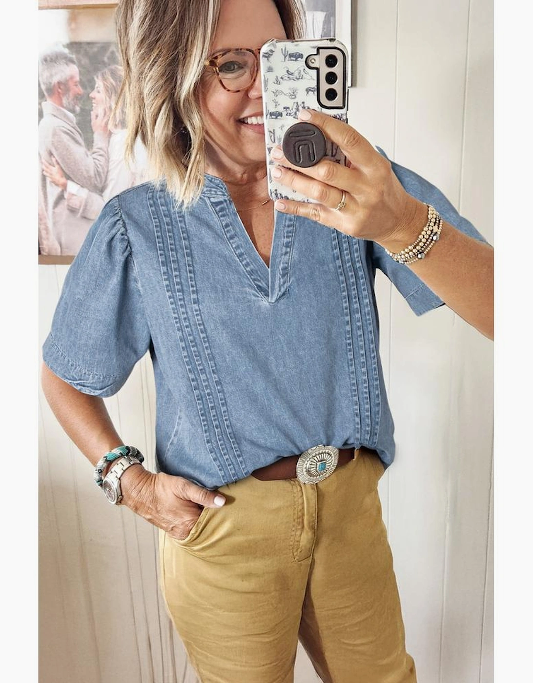 Myosotis Pintuck Pleats Puff Sleeve Split V Neck Summer Denim Top