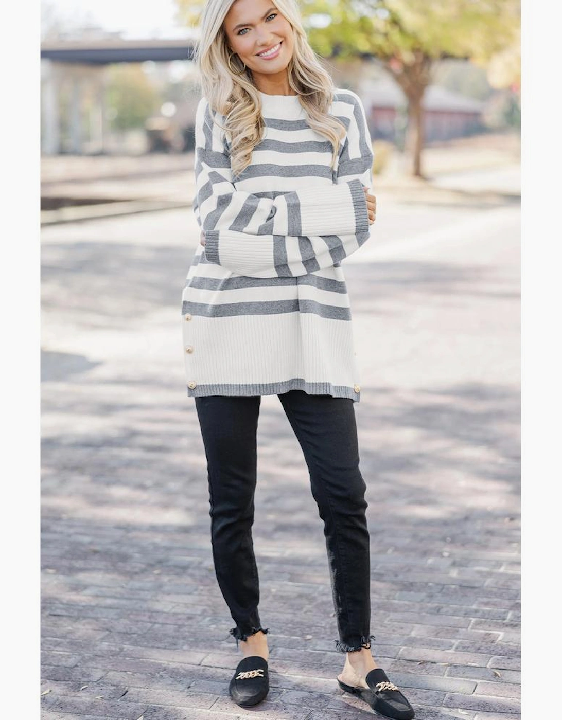 Gray Stripe Ribbed Buttoned Detail Drop Shoulder Tunic Sweater