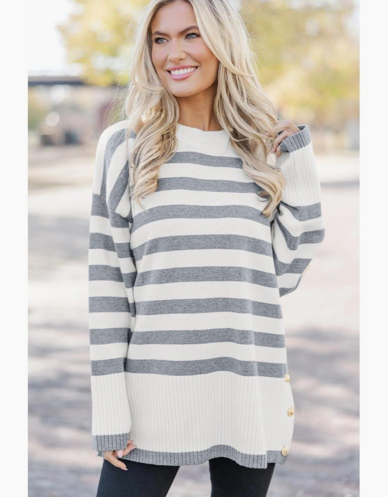 Gray Stripe Ribbed Buttoned Detail Drop Shoulder Tunic Sweater