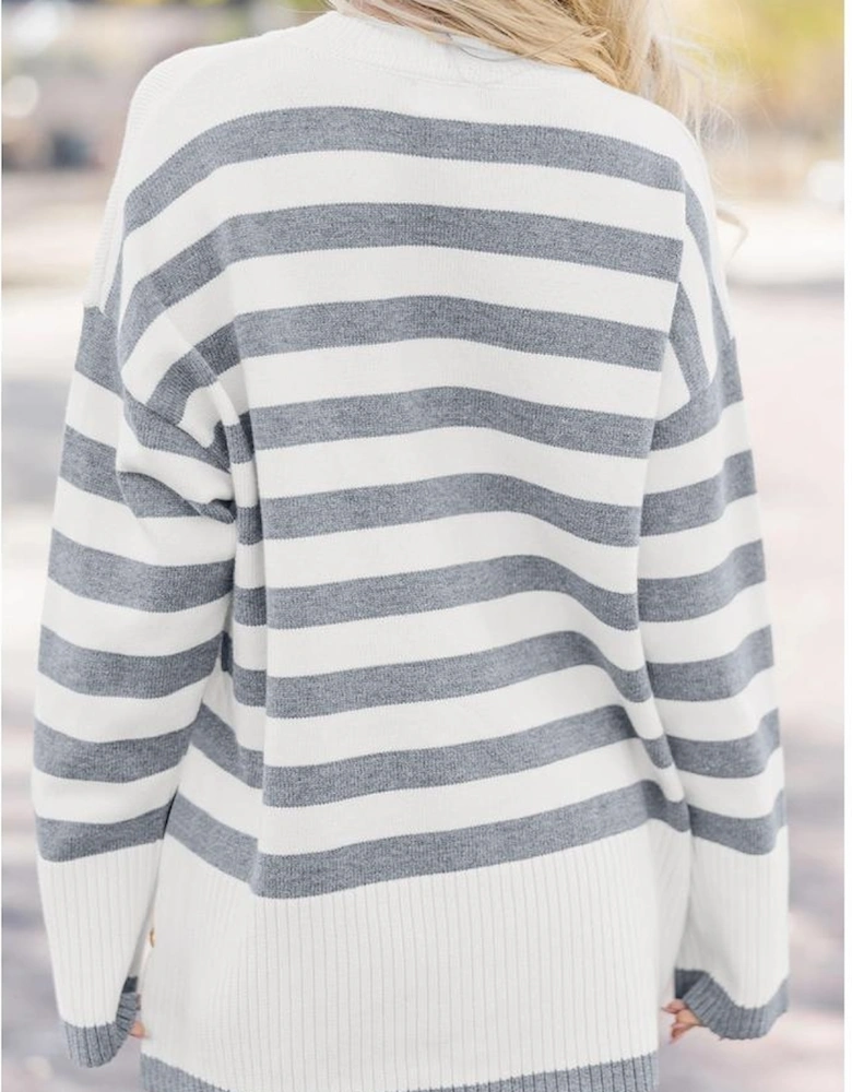 Gray Stripe Ribbed Buttoned Detail Drop Shoulder Tunic Sweater