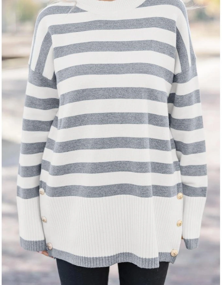 Gray Stripe Ribbed Buttoned Detail Drop Shoulder Tunic Sweater