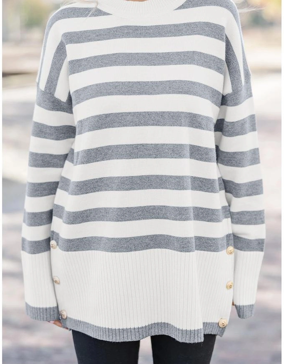 Gray Stripe Ribbed Buttoned Detail Drop Shoulder Tunic Sweater