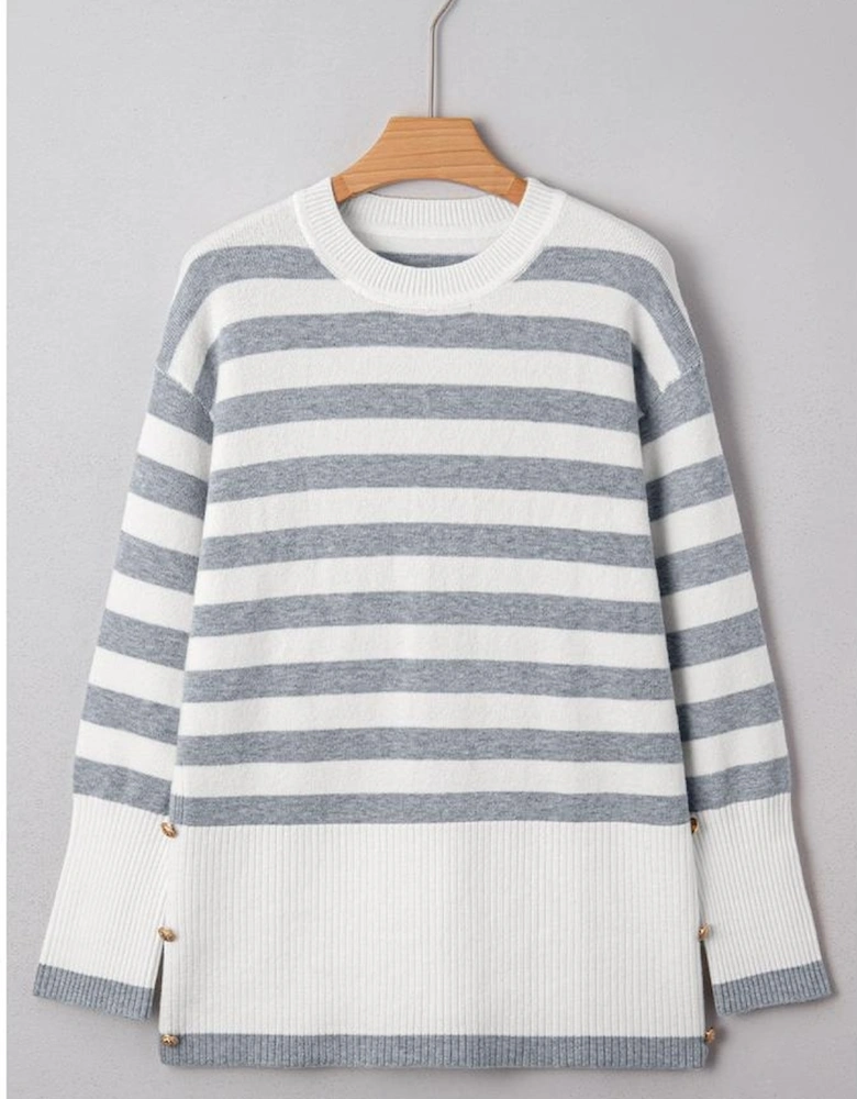 Gray Stripe Ribbed Buttoned Detail Drop Shoulder Tunic Sweater