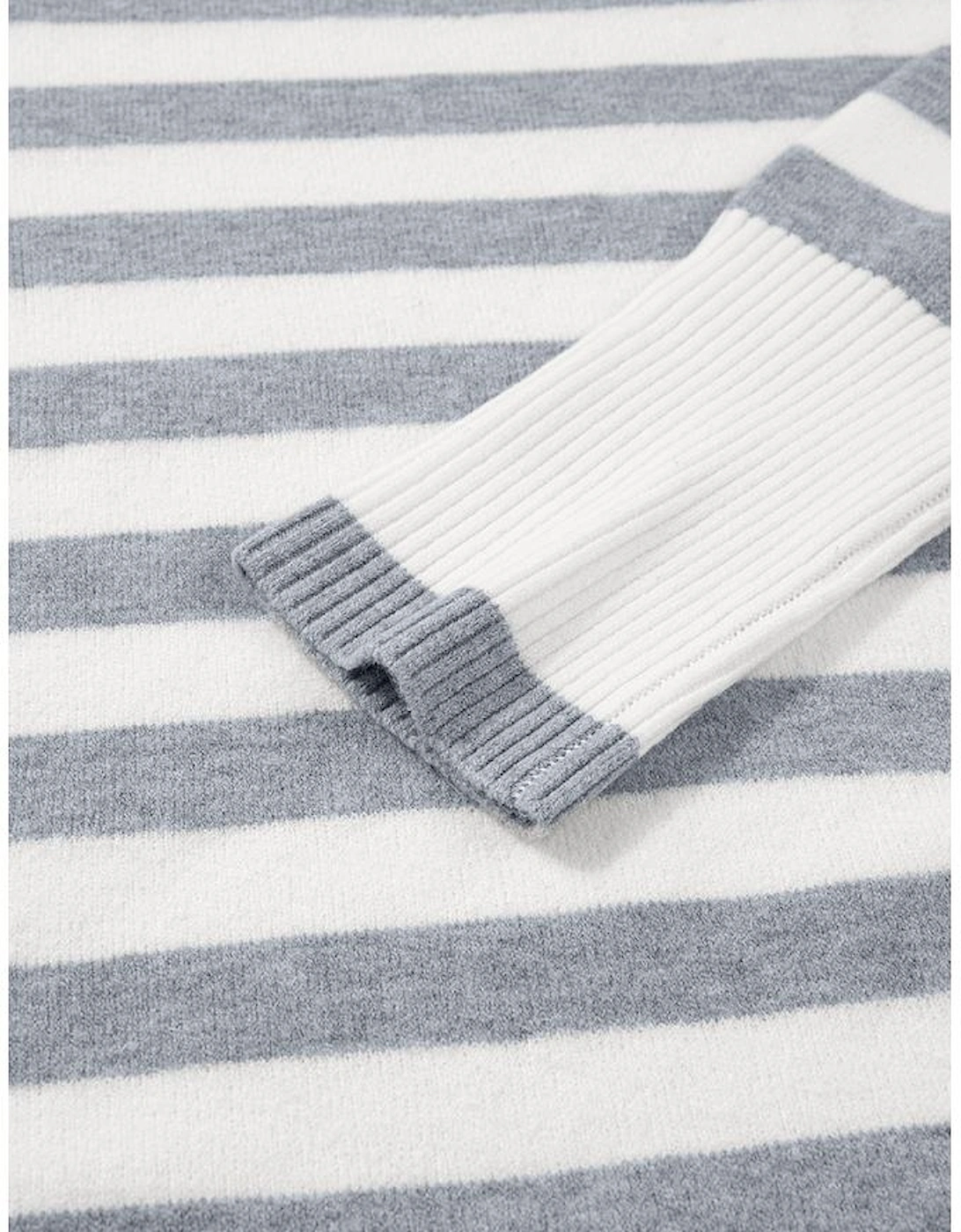 Gray Stripe Ribbed Buttoned Detail Drop Shoulder Tunic Sweater