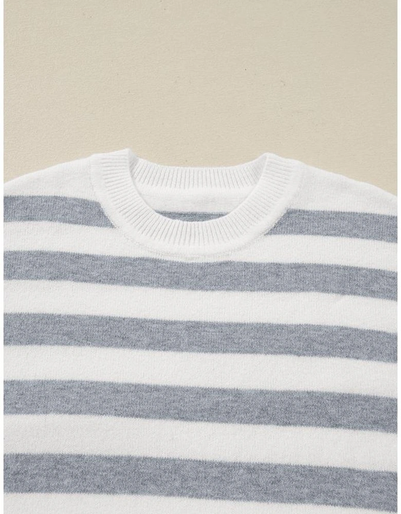 Gray Stripe Ribbed Buttoned Detail Drop Shoulder Tunic Sweater