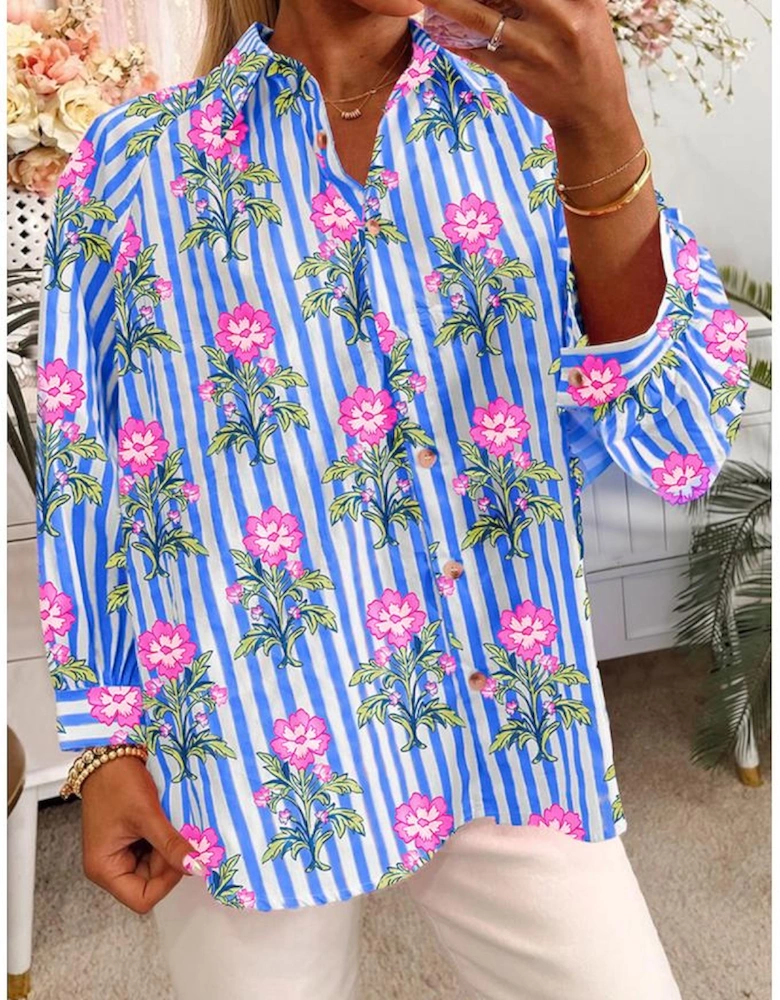 Blue Striped Floral Print Buttoned Cuffs Loose Fit Shirt