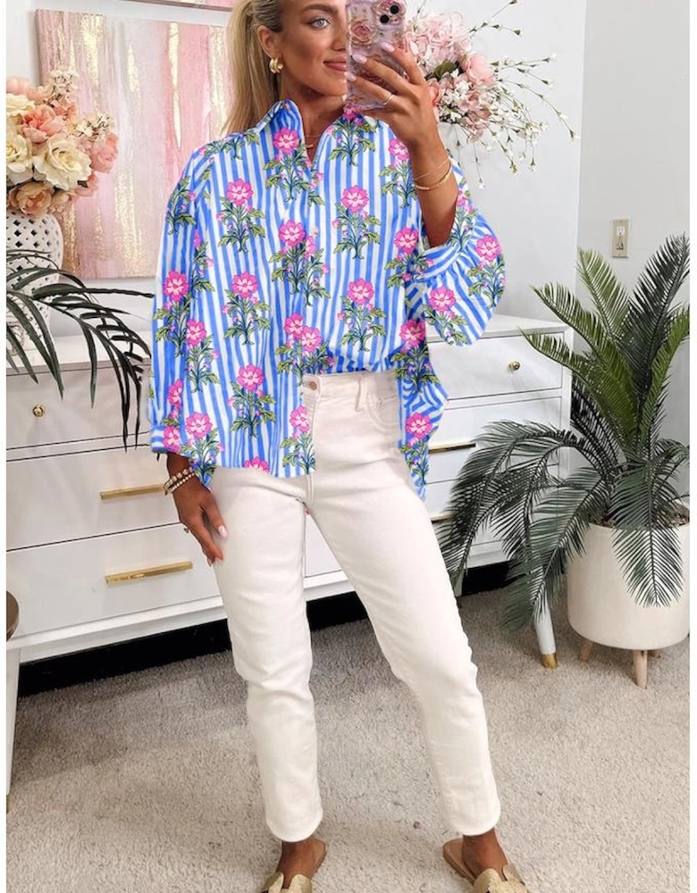 Blue Striped Floral Print Buttoned Cuffs Loose Fit Shirt