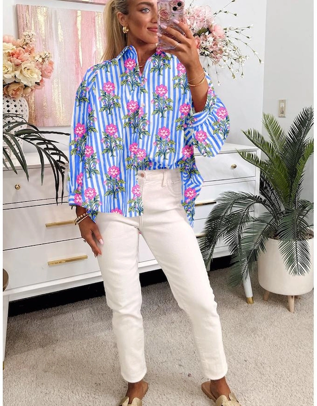 Blue Striped Floral Print Buttoned Cuffs Loose Fit Shirt, 4 of 3