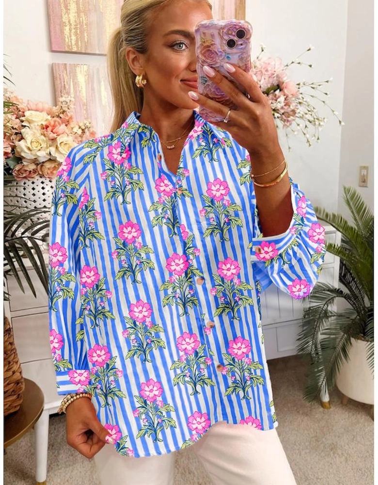 Blue Striped Floral Print Buttoned Cuffs Loose Fit Shirt