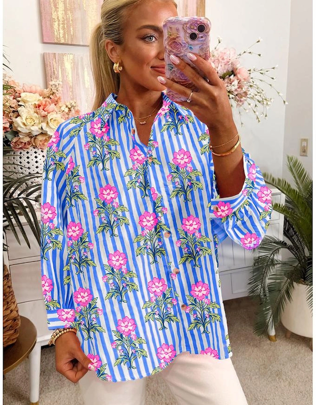 Blue Striped Floral Print Buttoned Cuffs Loose Fit Shirt