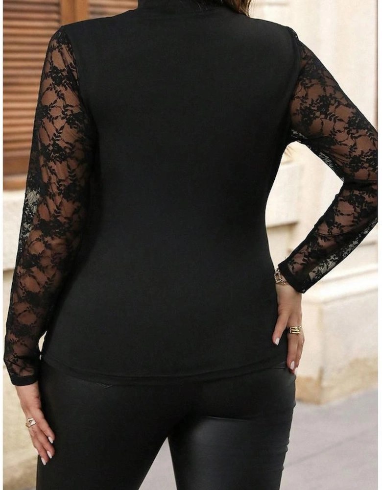 Black Plus Size Lace Patchwork Asymmetric Cutout Sheer Long Sleeve Top