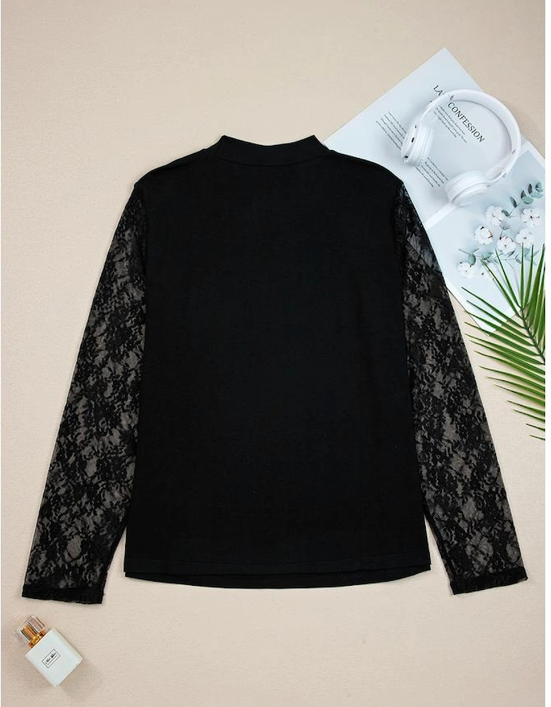 Black Plus Size Lace Patchwork Asymmetric Cutout Sheer Long Sleeve Top