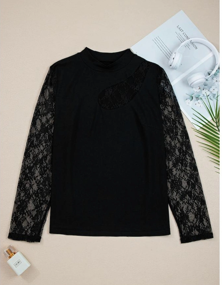 Black Plus Size Lace Patchwork Asymmetric Cutout Sheer Long Sleeve Top