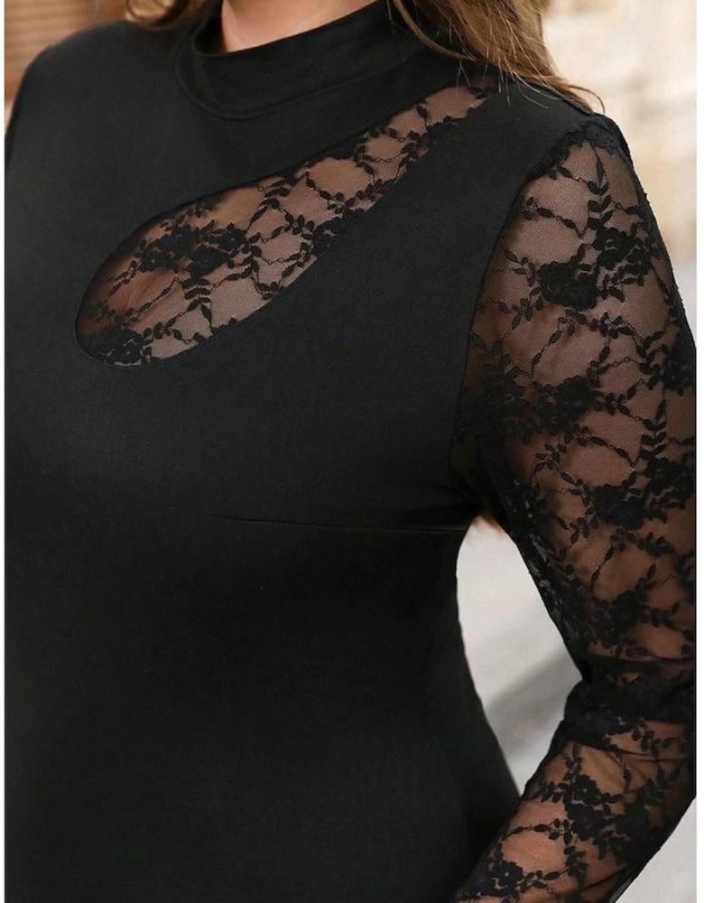 Black Plus Size Lace Patchwork Asymmetric Cutout Sheer Long Sleeve Top