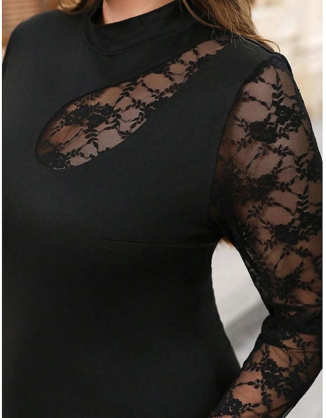 Black Plus Size Lace Patchwork Asymmetric Cutout Sheer Long Sleeve Top