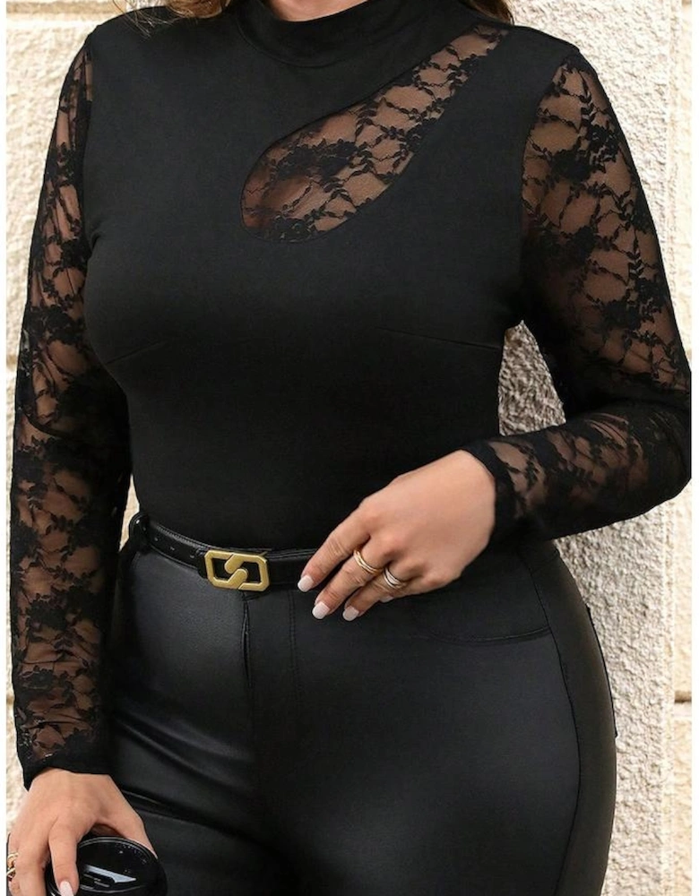 Black Plus Size Lace Patchwork Asymmetric Cutout Sheer Long Sleeve Top