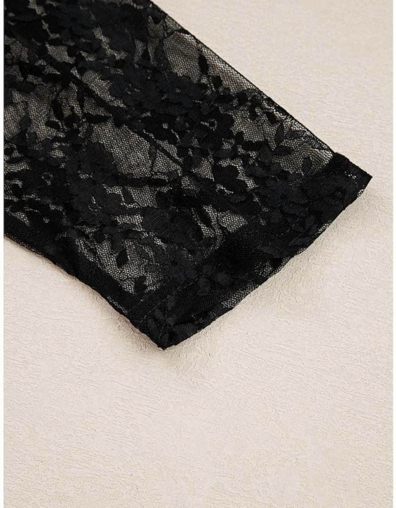 Black Plus Size Lace Patchwork Asymmetric Cutout Sheer Long Sleeve Top