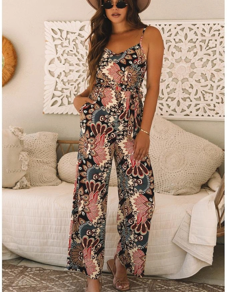 Black Floral Print Belted Sleeveless Wide Leg Jumpsuit