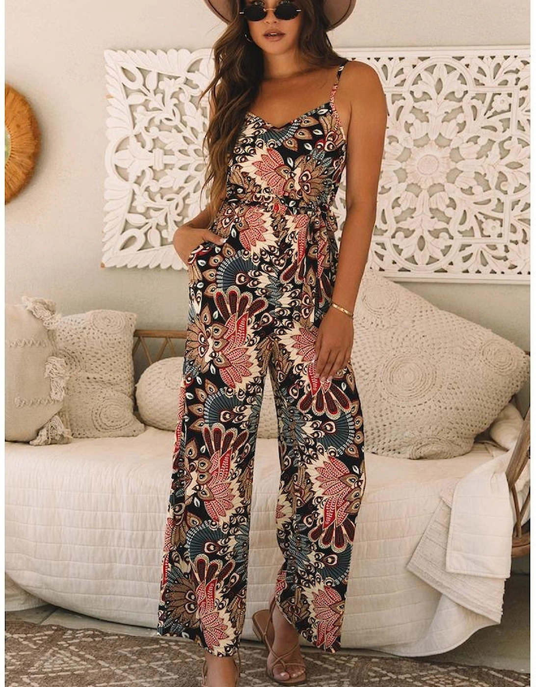 Black Floral Print Belted Sleeveless Wide Leg Jumpsuit